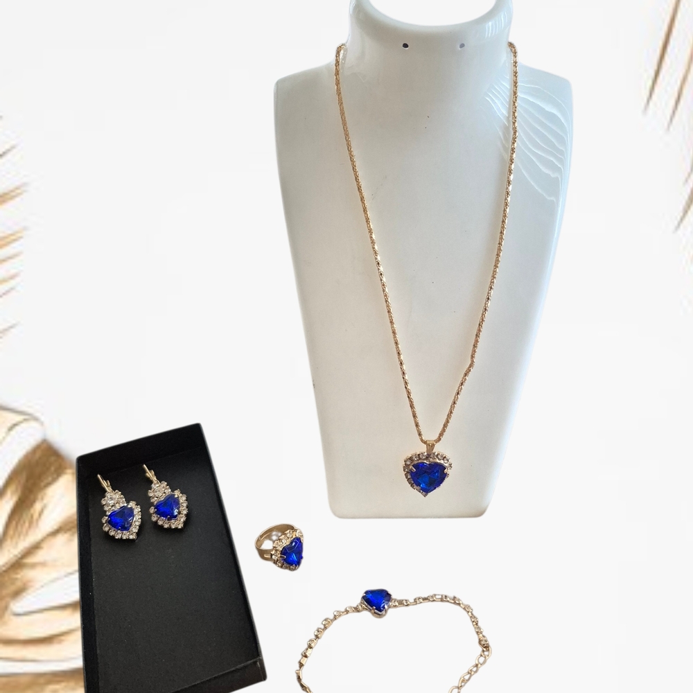 Gold-Tone Necklace Set with Deep Blue Heart Crystals